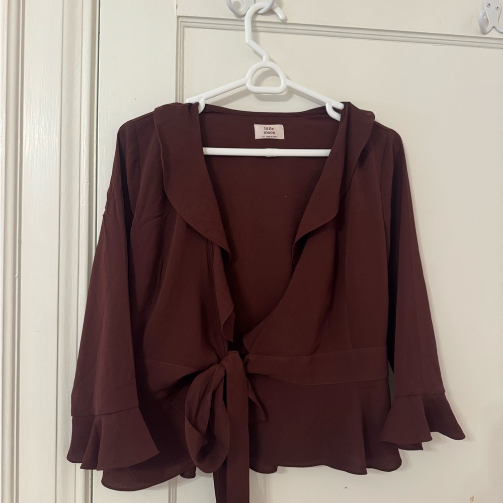 Little Moon Red Ruffled Blouse with Tie Front